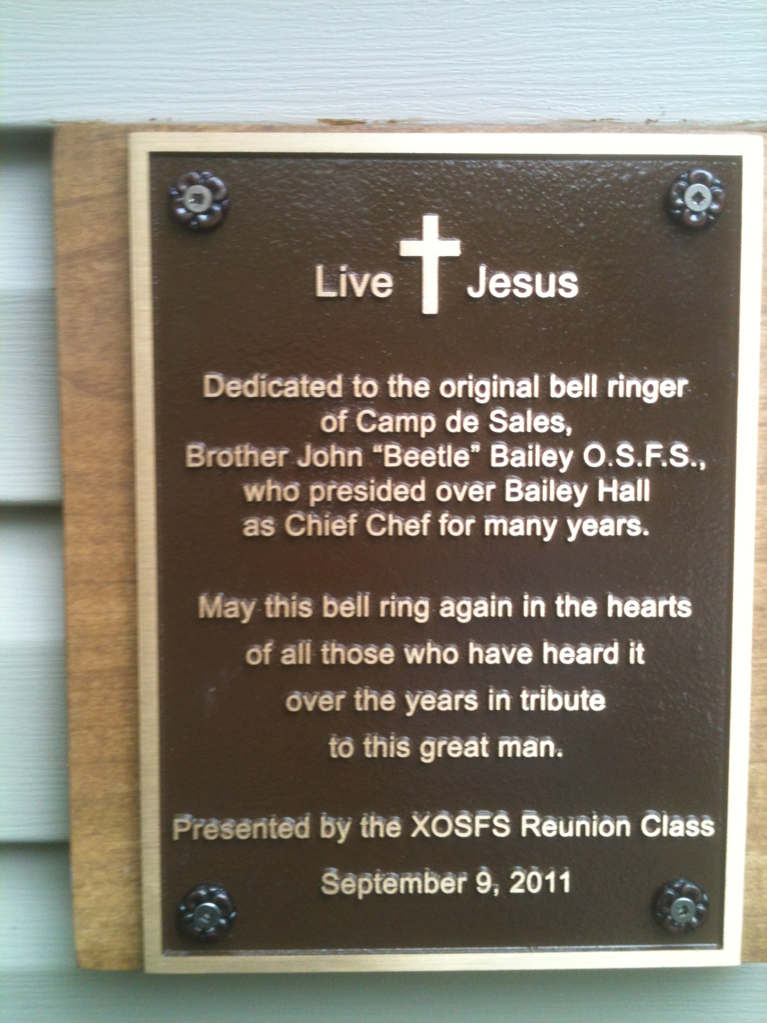 Plaque dedicated to Br. John Bailey